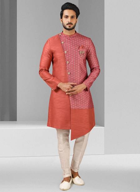 Orange Colour Excluisve Wear Art Silk Digital Print Kurta Pajama With Jacket Mens Collection 1439